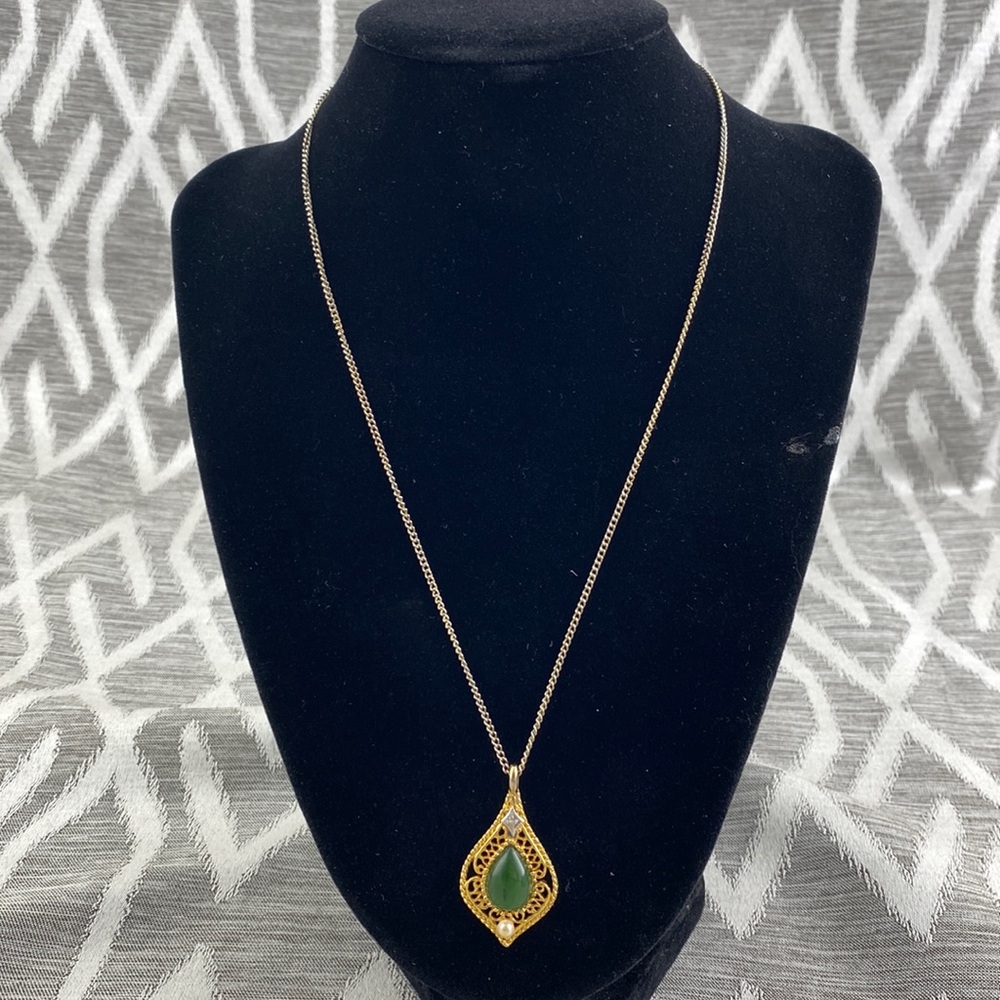 Golden Pendant with Jade Colored Stone - Picture 2 of 5